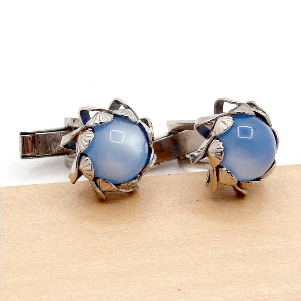 Vintage Silver Blue Moonglow Cabochon Glass Ginkgo Biloba Leaf Cufflinks MCM